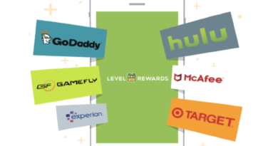 An image of the Level Rewards homepage with a phone and the different companies they work with.