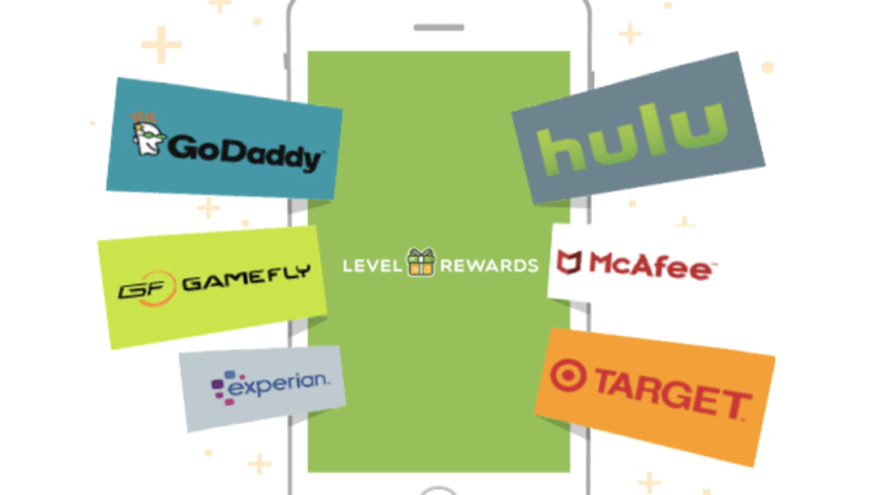 An image of the Level Rewards homepage with a phone and the different companies they work with.