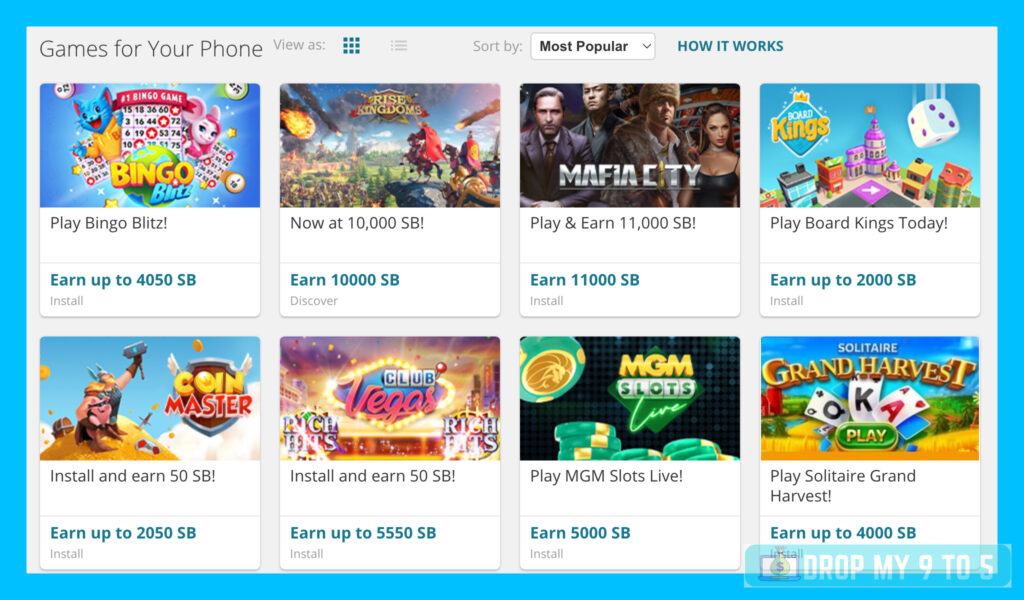 An image of the Swagbucks gaming dashboard, where members can play games to earn rewards.