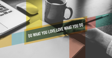 Motivational desktop with a coffee mug, mouse, and pencil, overlaid with text 'DO WHAT YOU LOVE:LOVE WHAT YOU DO' in bold, inspiring individuals on how you can make money by doing what you love.