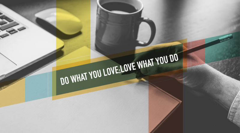 Motivational desktop with a coffee mug, mouse, and pencil, overlaid with text 'DO WHAT YOU LOVE:LOVE WHAT YOU DO' in bold, inspiring individuals on how you can make money by doing what you love.